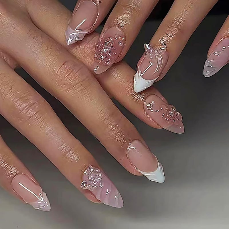 ASABITE 24 Pcs Pink Almond Press on Nails Medium Fake Nails with Glue Reusable False Nails with 3D Flower Butterfly Design Stiletto Nails Acrylic Nail Press ons Spring Nails for Women Nail Art Decorations - Image 1